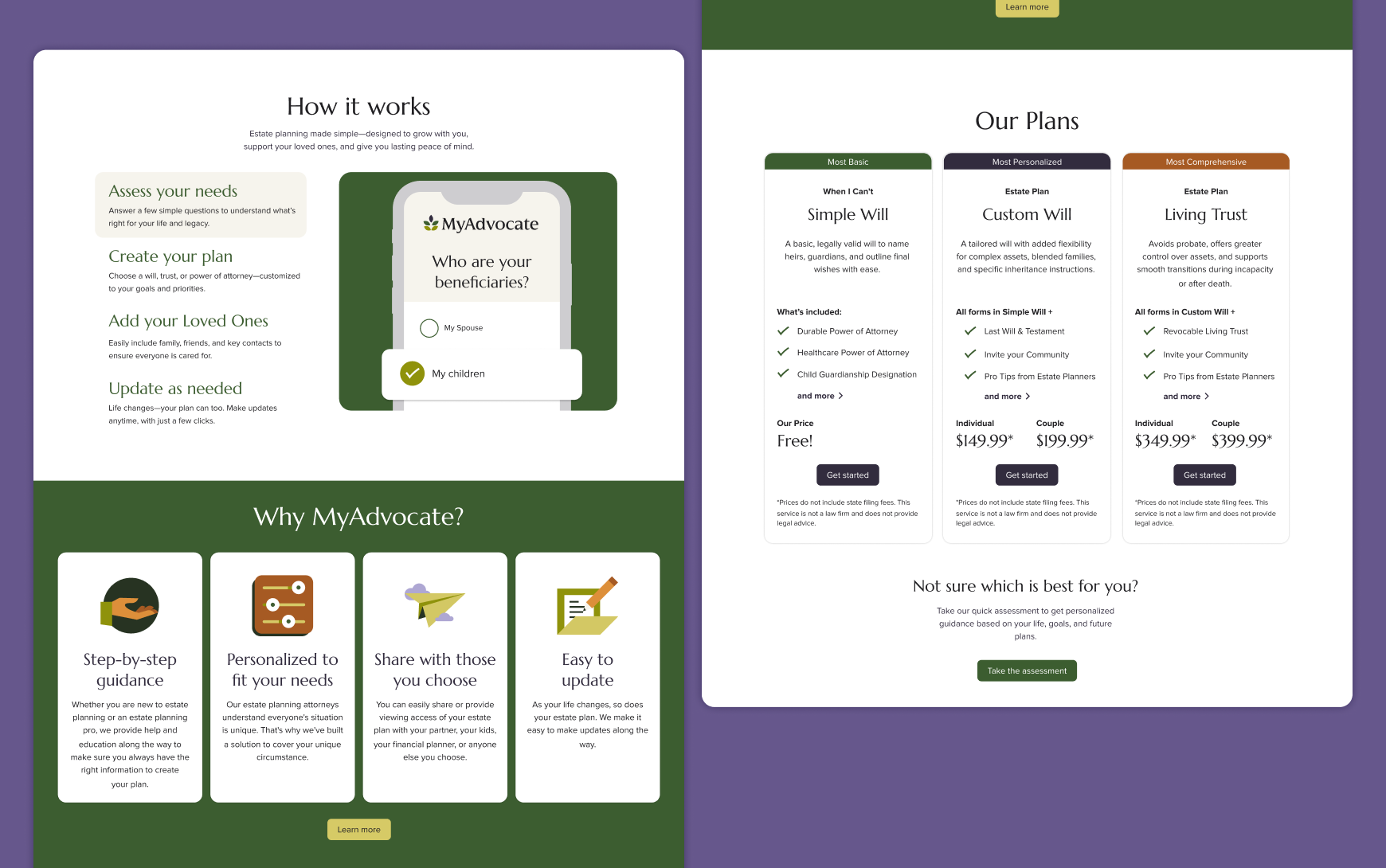 Two desktop sections of the MyAdvocate homepage: a 