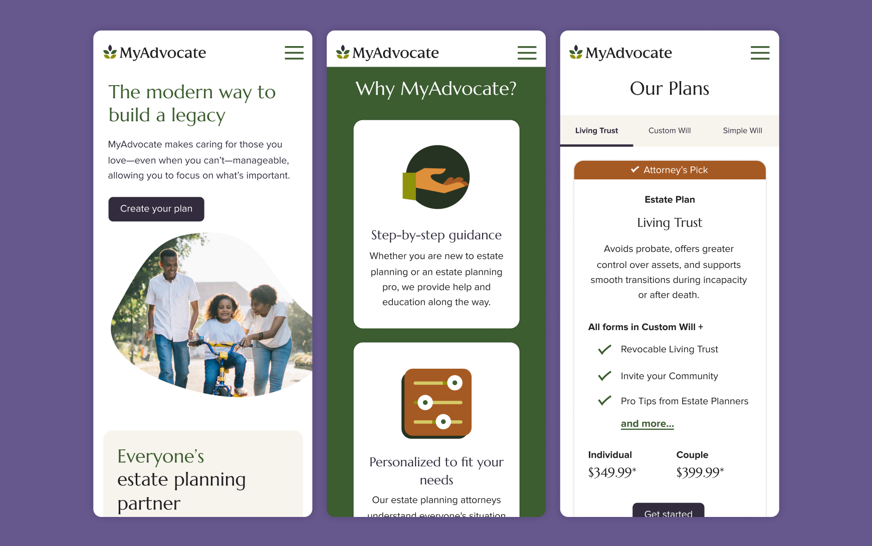 Three mobile screens of the MyAdvocate site: the homepage hero with headline and CTA, a 