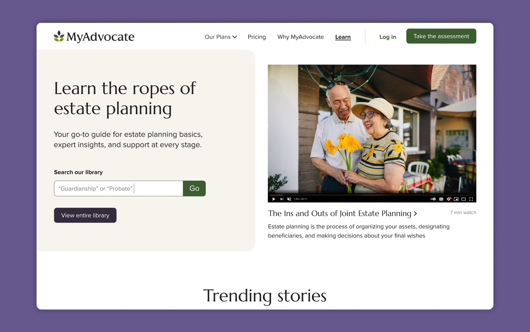 The MyAdvocate Learn page on desktop, showing the headline 