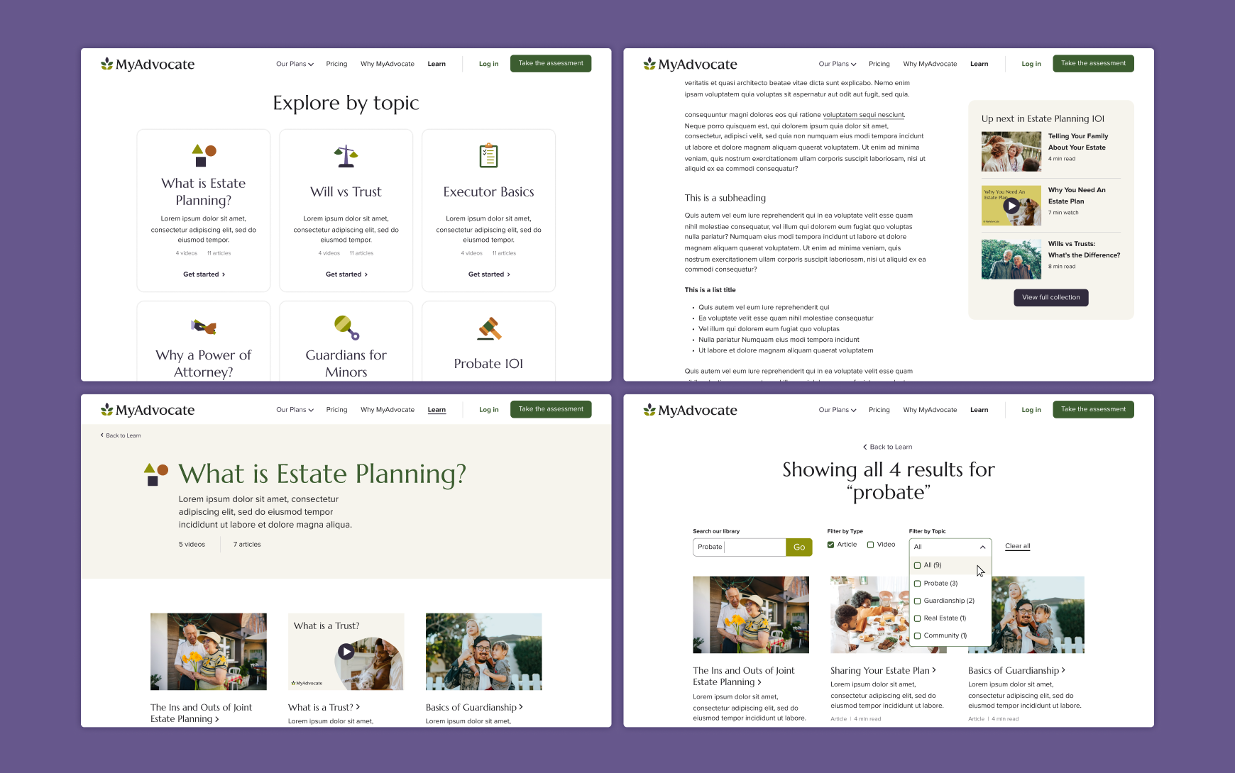 Four desktop screens of the MyAdvocate Learn section: an 