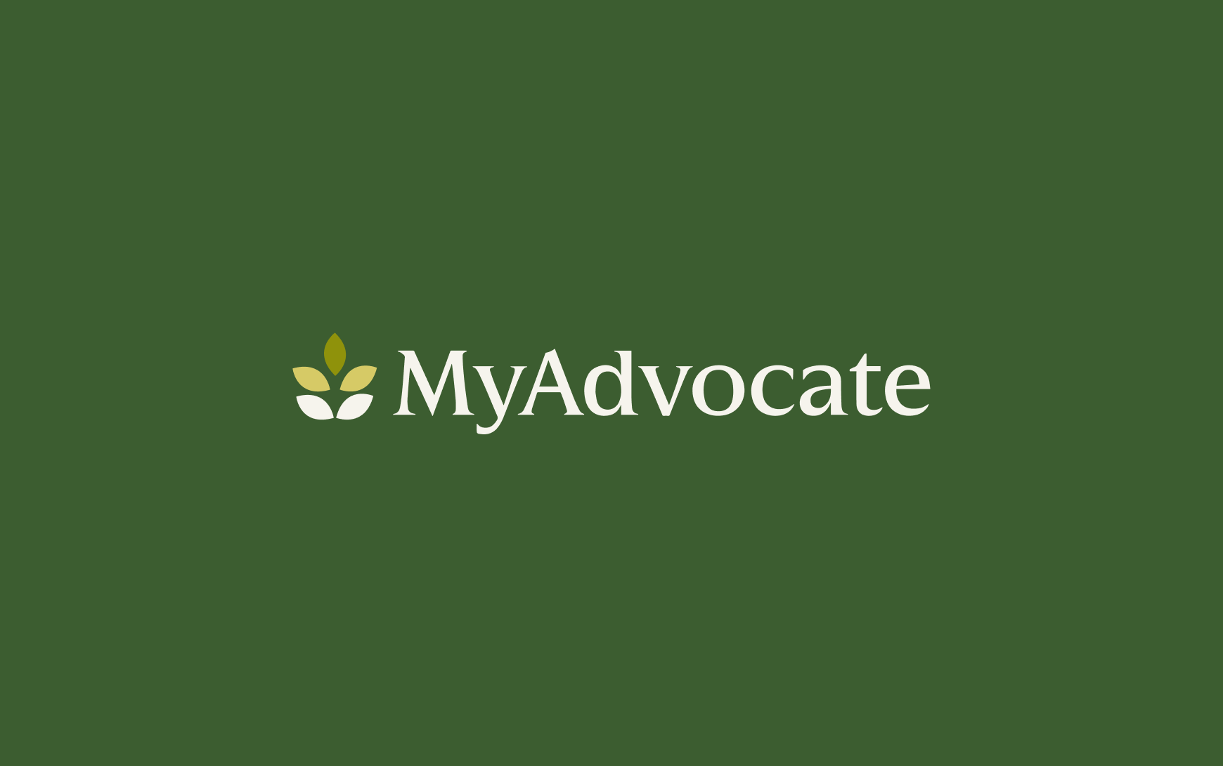 The MyAdvocate logo on a dark green background, featuring a stylized three-leaf plant icon in gold and cream tones beside a serif wordmark.