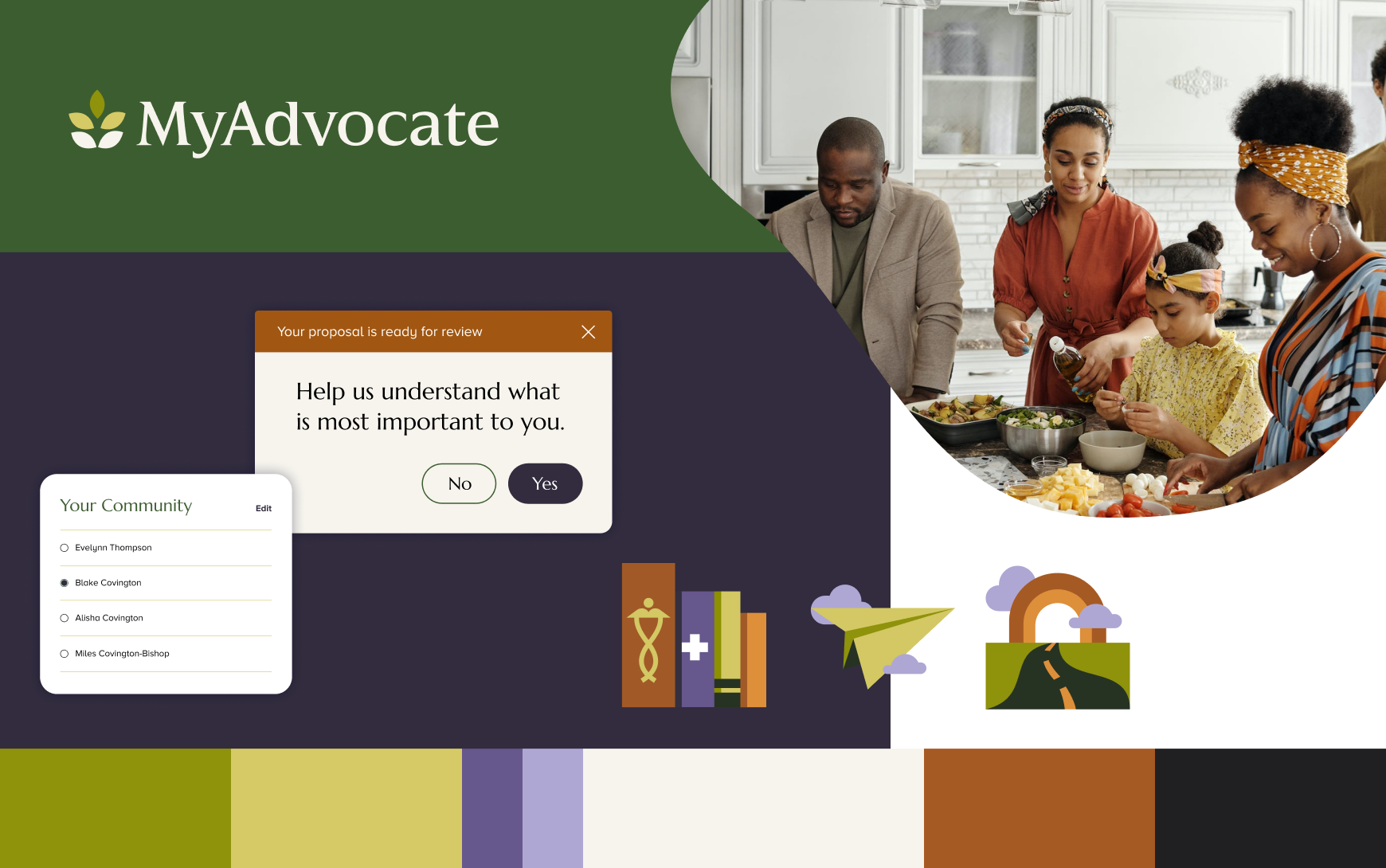 Brand moodboard for MyAdvocate showing the logo, a UI modal asking 
