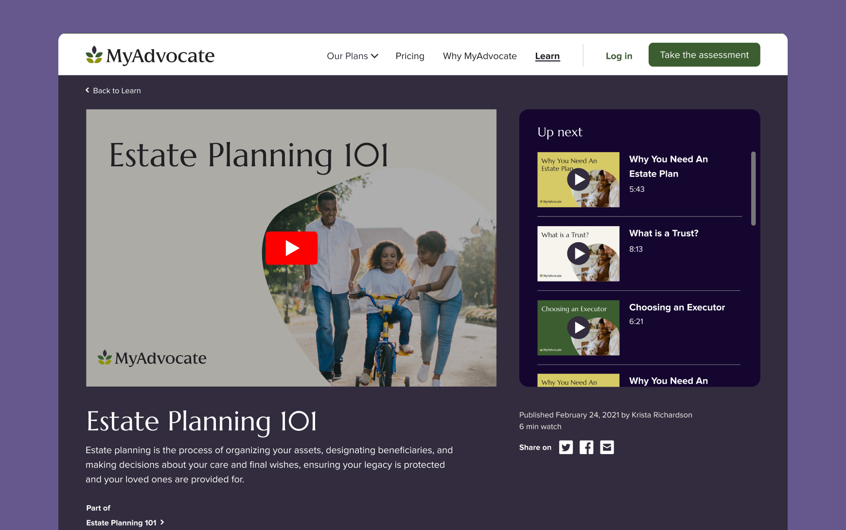 A MyAdvocate video detail page featuring an embedded video titled 