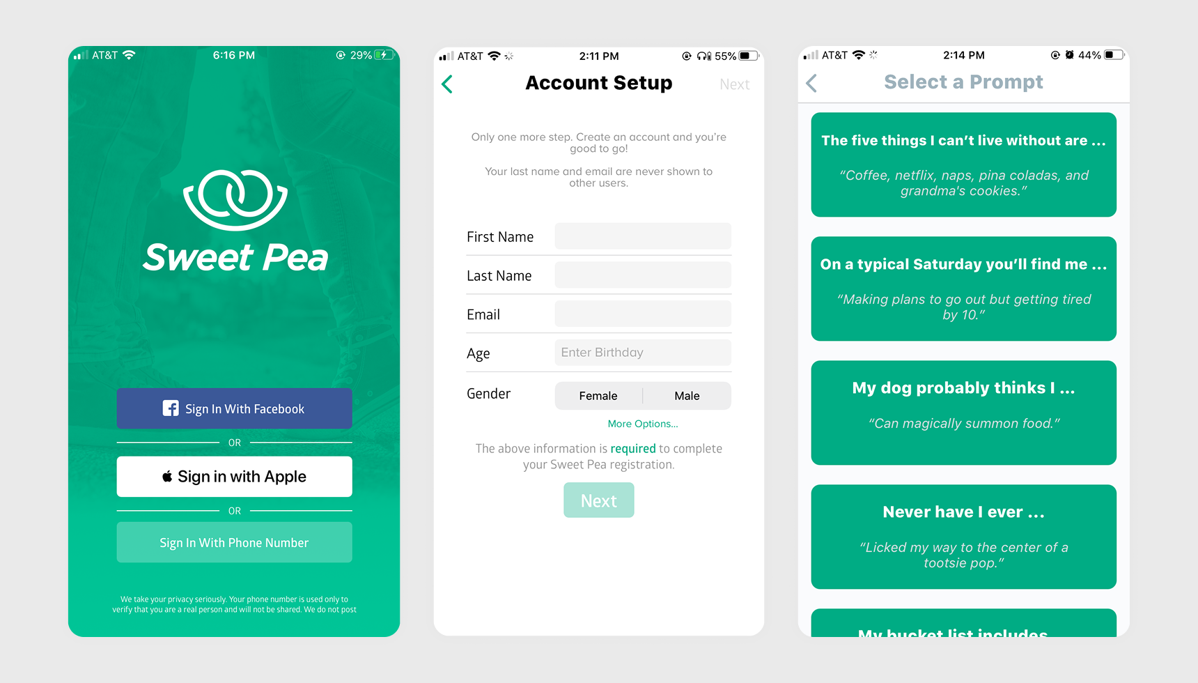 Three screenshots of the original Sweet Pea app: a login screen with the Sweet Pea logo, an Account Setup form requesting name, email, age, and gender, and a "Select a Prompt" screen with conversation starter options.