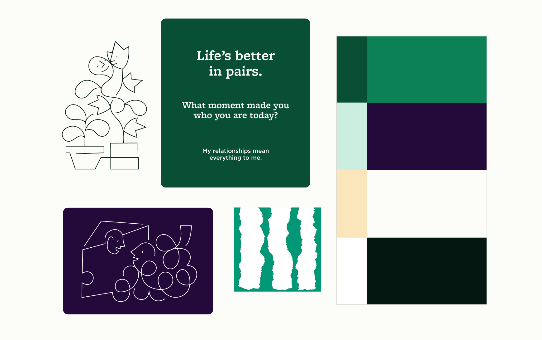 Brand moodboard showing line illustrations of plants and intertwined figures, a dark green card reading 