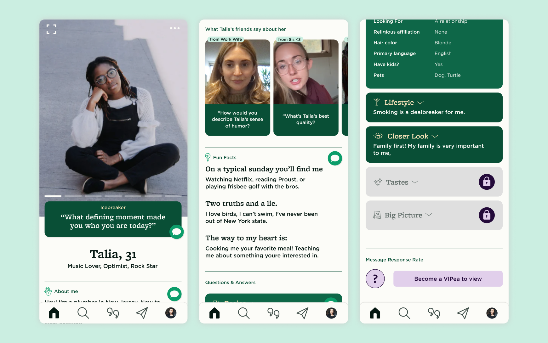 Three screens of the redesigned Sweet Pea user profile, showing a photo, icebreaker prompt, fun facts, Q&A sections, and detailed attributes like lifestyle preferences and deal-breakers.