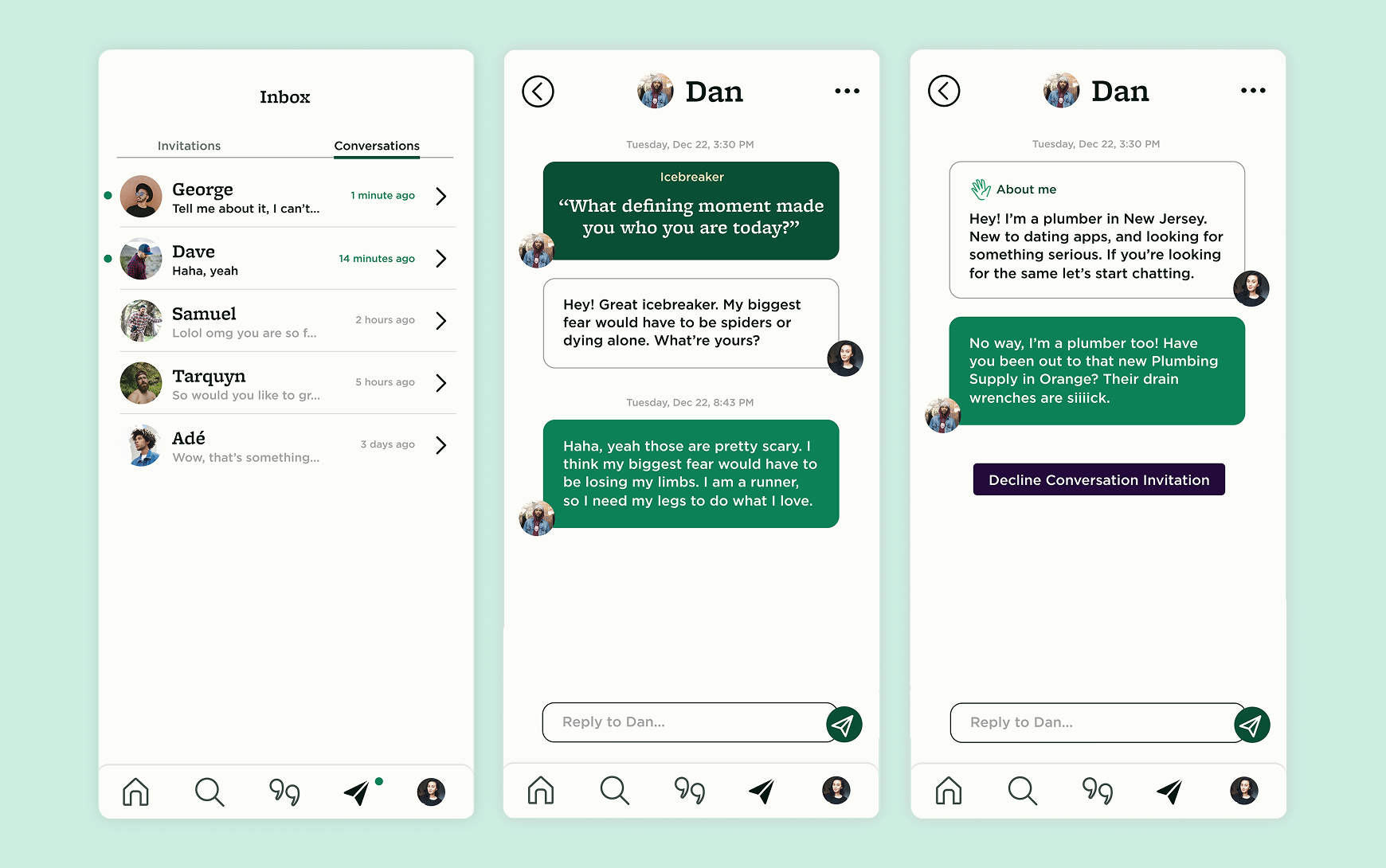 Three screens showing Sweet Pea's inbox and messaging flows: a conversations list, a chat with a featured icebreaker prompt at the top, and a message thread where users share their prompt responses.