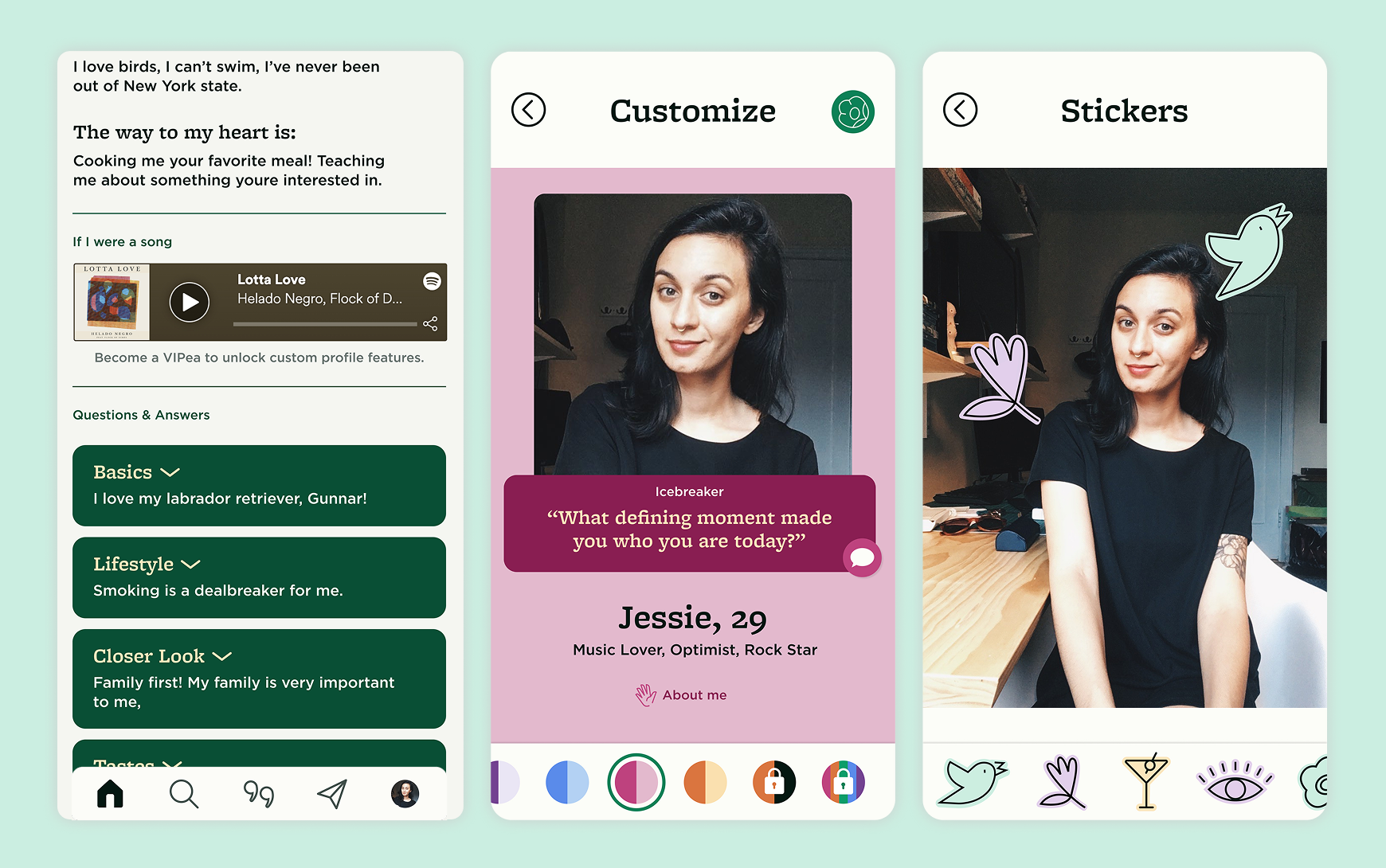 Three screens showing profile customization: a full profile view with Spotify integration, a Customize screen for editing photos and icebreaker text, and a Stickers panel for adding decorative elements.