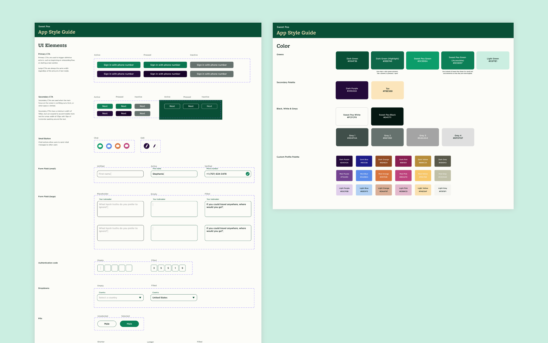 Two pages from the Sweet Pea App Style Guide in Figma: UI elements including buttons, form fields, and dropdowns on the left; a color system with labeled swatches organized by greens, purples, and neutrals on the right.