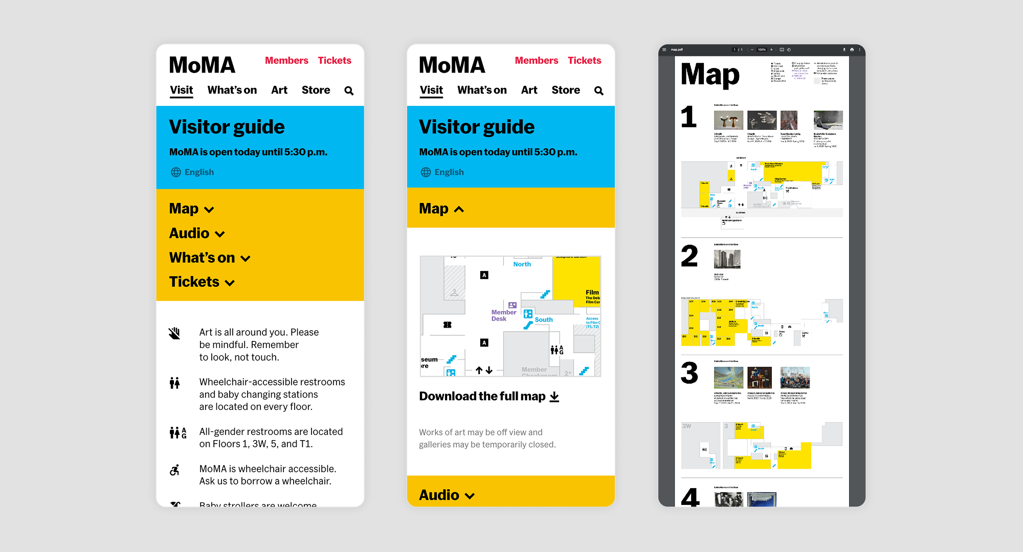 Three phone mockups displaying MoMA's digital visitor guide landing page, the landing page with map accordion open, and the PDF map