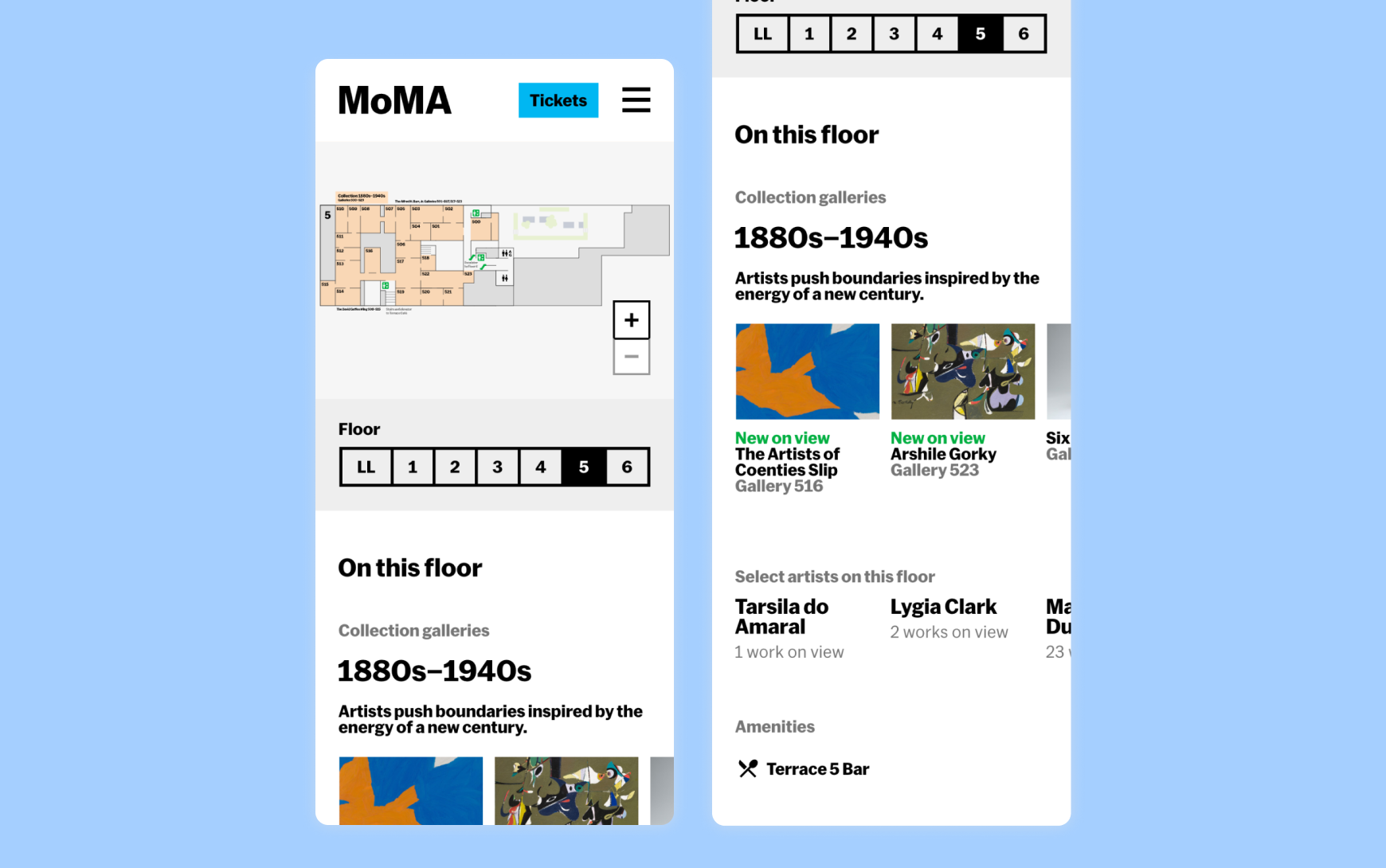 Two mobile screens of the MoMA visitor guide map showing floor 5 selected. Below the interactive floor plan, an 