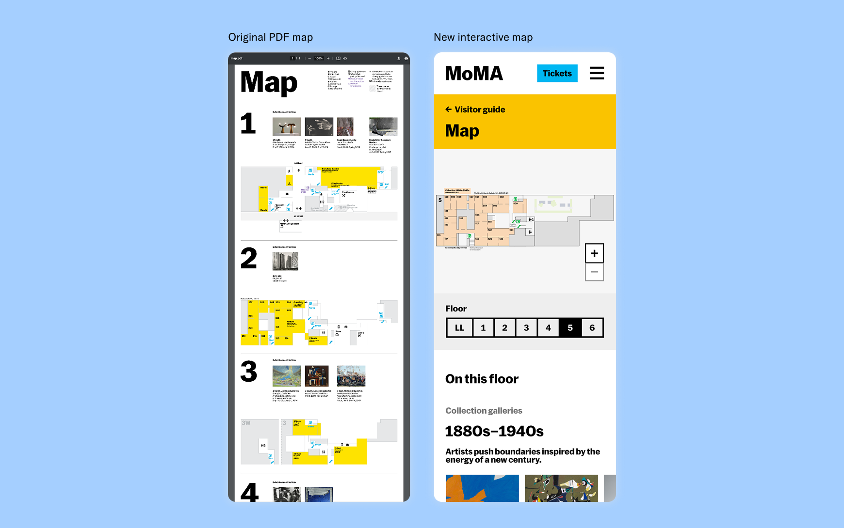 Side-by-side comparison of the original MoMA PDF map and the new interactive map on mobile. The PDF version shows all floors stacked vertically in a dense, hard-to-read layout. The new version shows a zoomable floor plan with floor selector tabs and an 