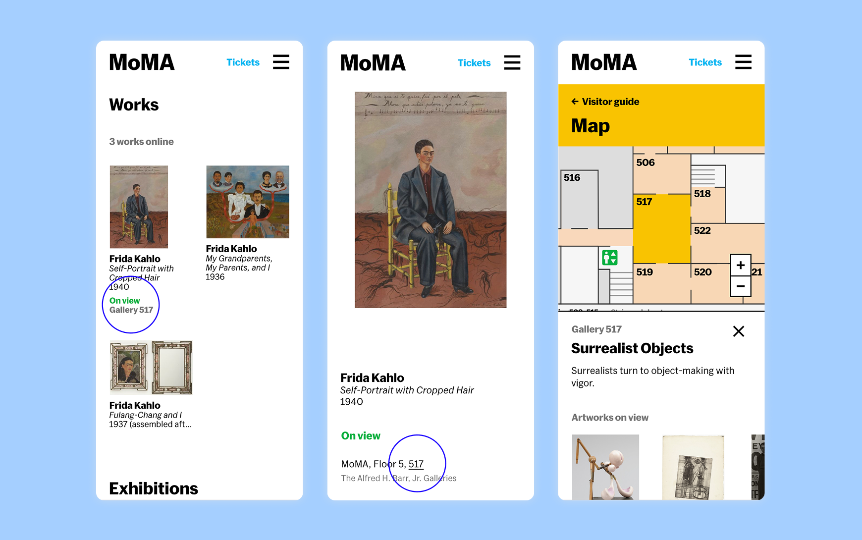 Three mobile screens showing how on-view artworks are surfaced across moma.org: a Works search results page with an 