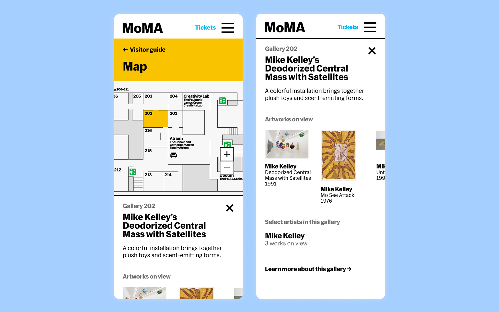 Two mobile screens showing a gallery detail overlay on the MoMA map. A panel slides up over the map for Gallery 202, showing the title 