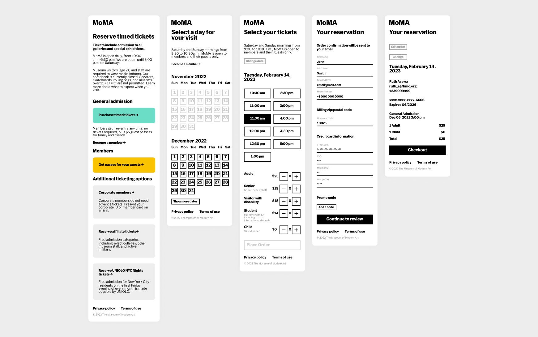 Five mobile screens showing the old MoMA white-label ticketing flow: a "Reserve timed tickets" landing page with admission options, a calendar to select a visit date, a ticket selection screen with time slots, a reservation form with billing fields, and an order review page.