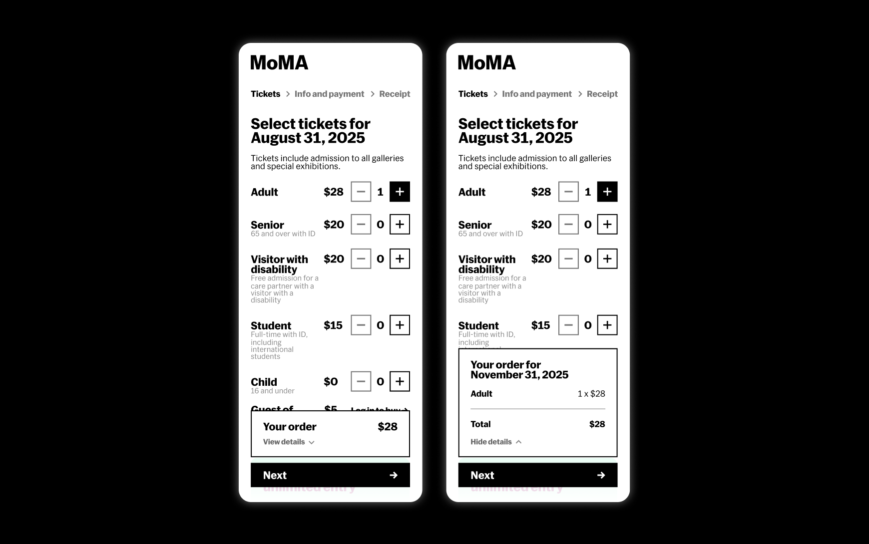 A persistent order summary box and progress bar is displayed alongside the checkout form.