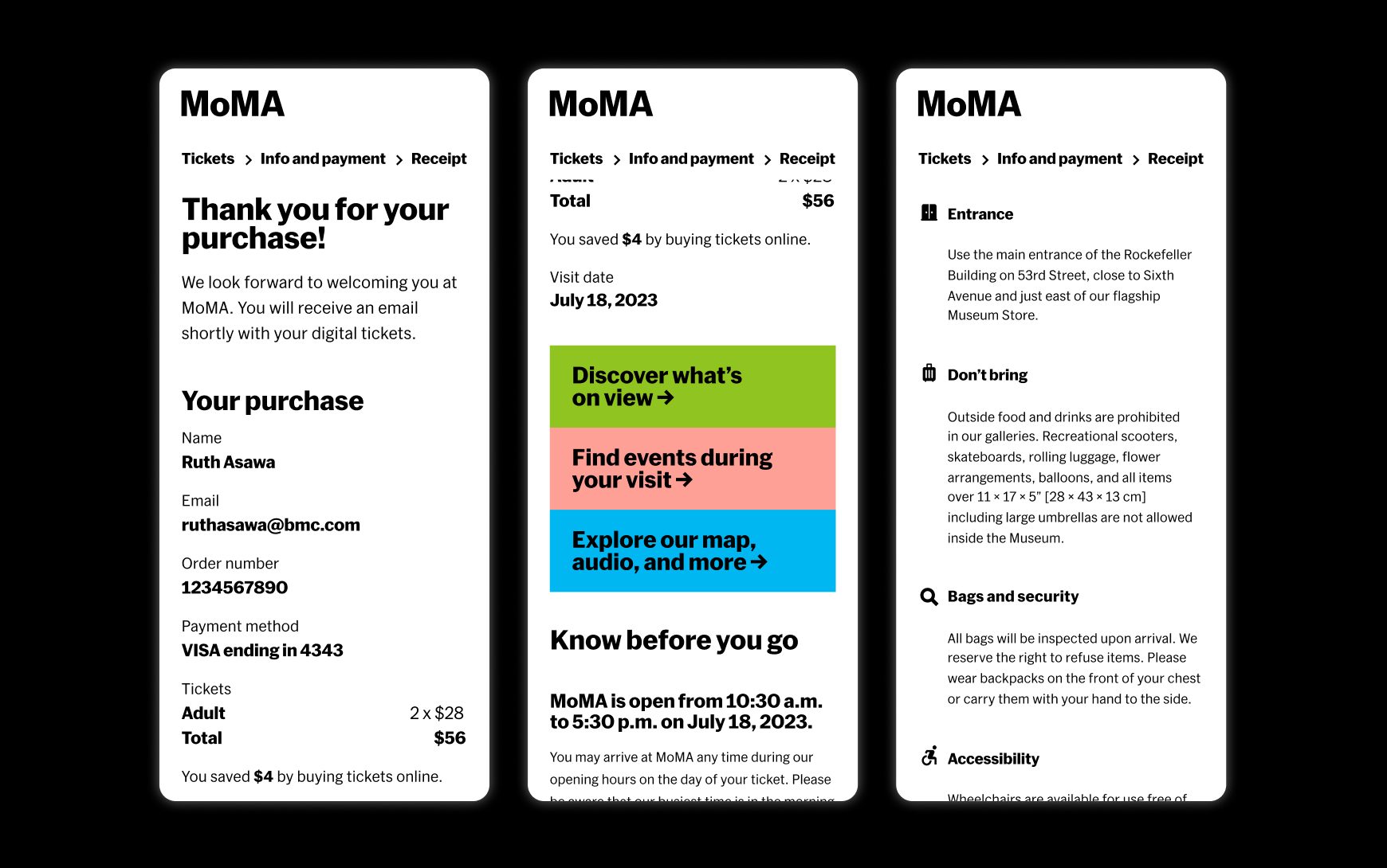 The order confirmation page shows visitor policies and helpful resources
