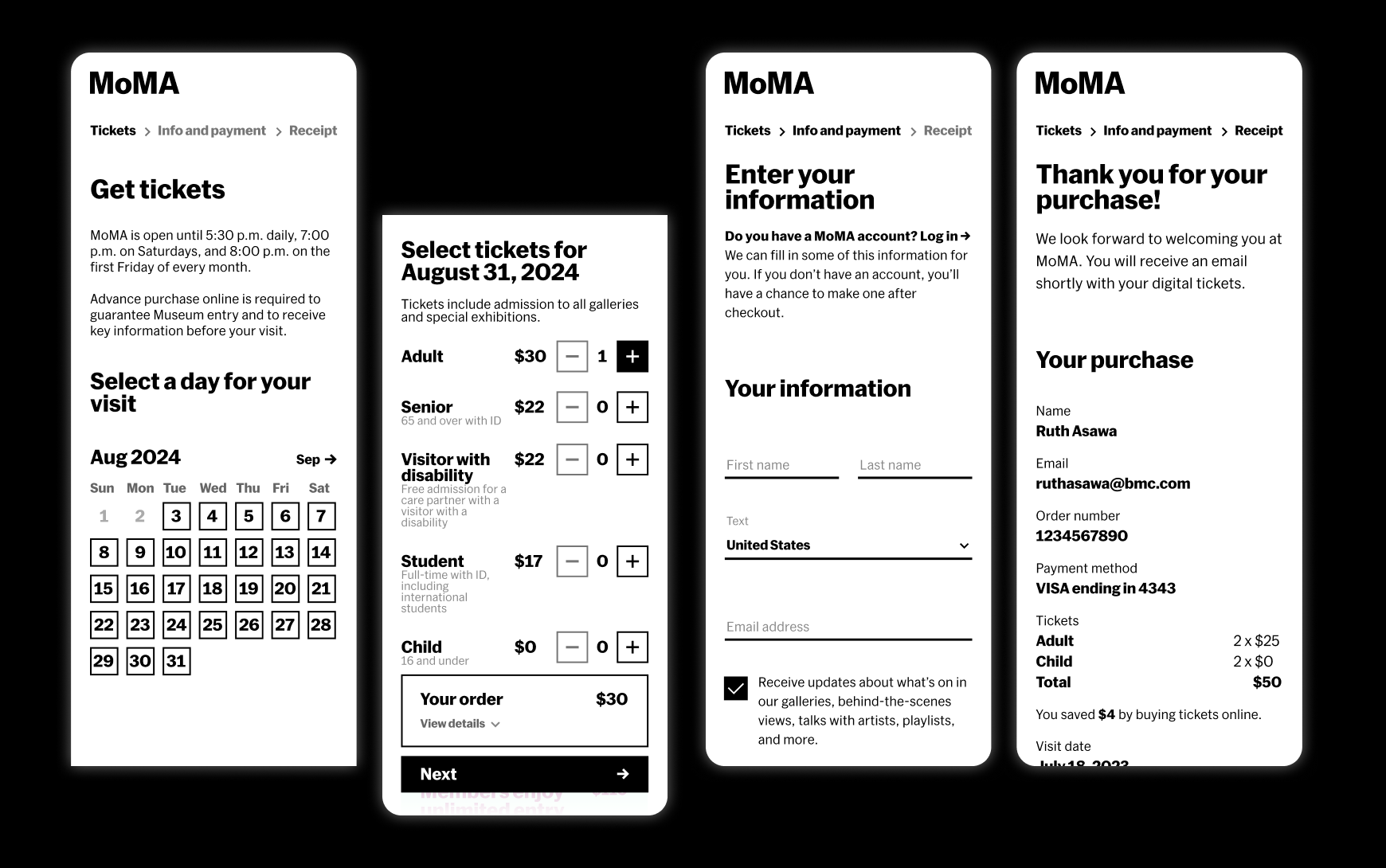 Three-screen checkout flow: selecting date and tickets, entering information, and a confirmation screen