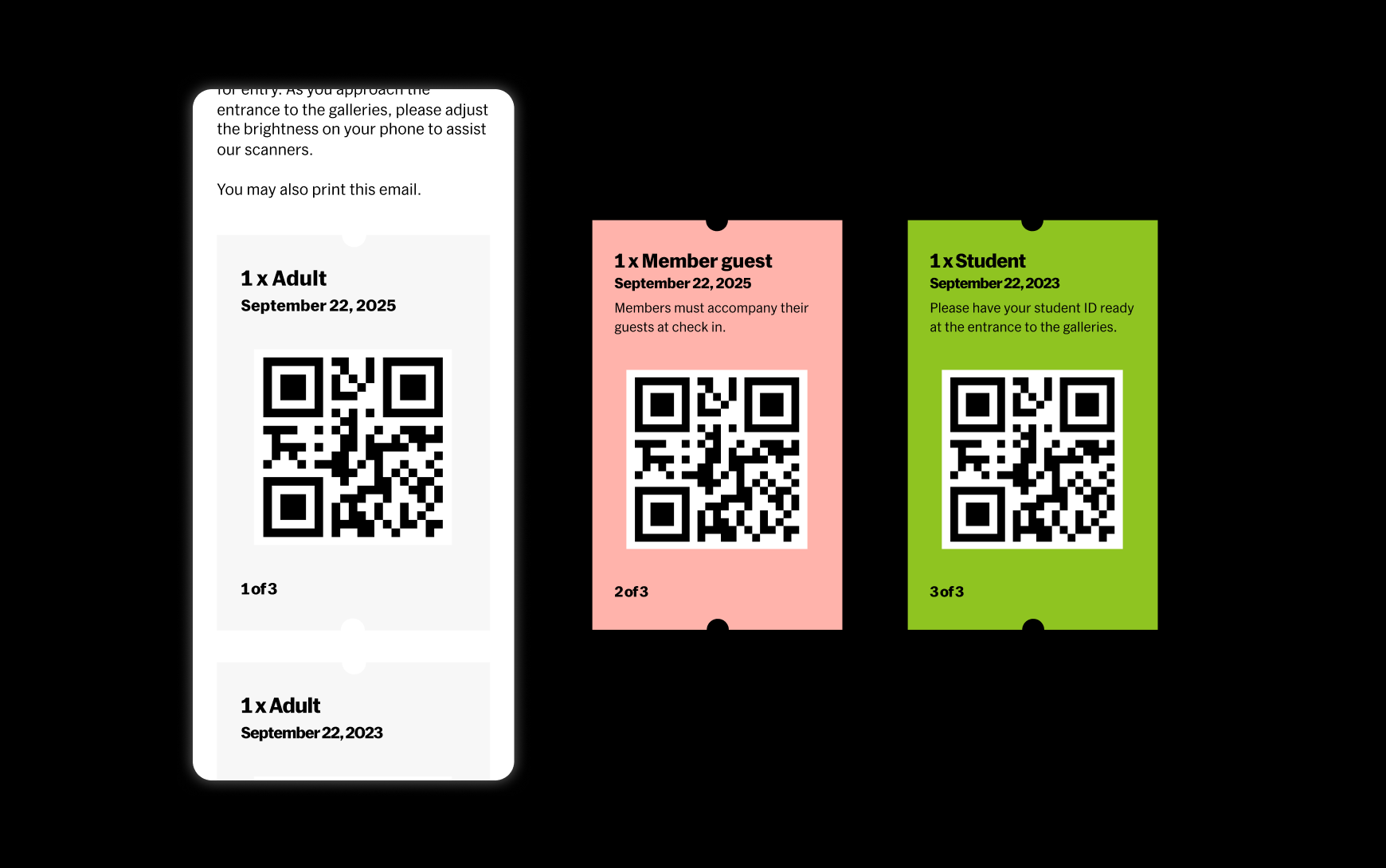 Bold, color-coded digital tickets displayed on an email for staff to identify ticket types at entry
