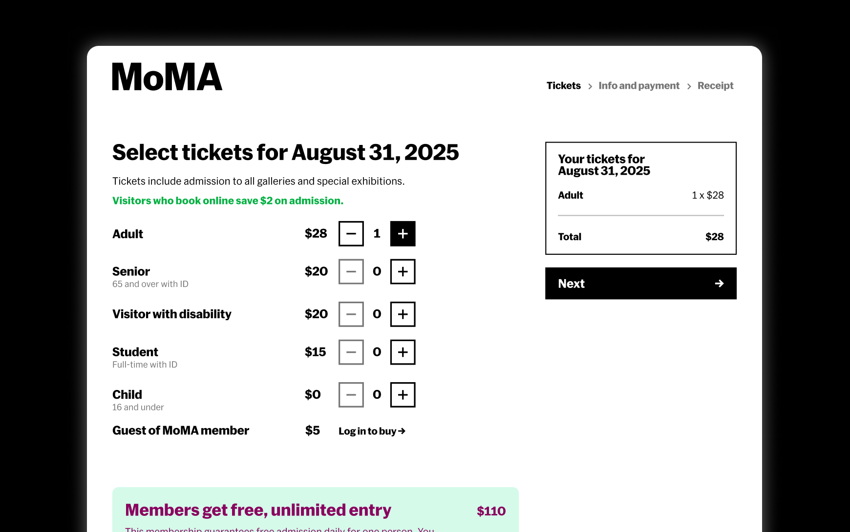 The ticket selection screen with all paid ticket types in a scannable list, prioritized above member tickets
